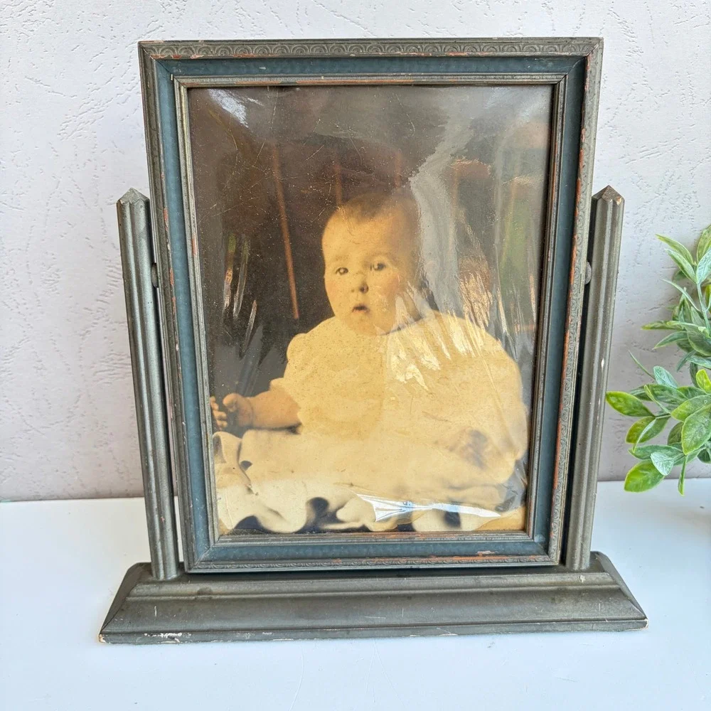 Antique Swivel Tabletop Picture Frame Green Gold Wood Baby Portrait 11 inch